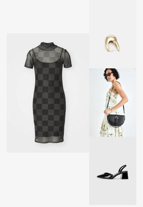 Sheer black mesh dress with short sleeves, high neckline, and checkerboard pattern featuring circular accent designs. Form-fitting silhouette.; Black patent leather slingback heels with a pointed toe and a geometric block heel. Features a sleek, minimal design and smooth texture.; Black leather handbag with a curved shape, detachable strap, and gold hardware. The bag features a flap with a buckle detail.; Gold-tone metal earring with a sleek, curved design. Features a distinctive pointed shape, polished surface, and hinge closure.