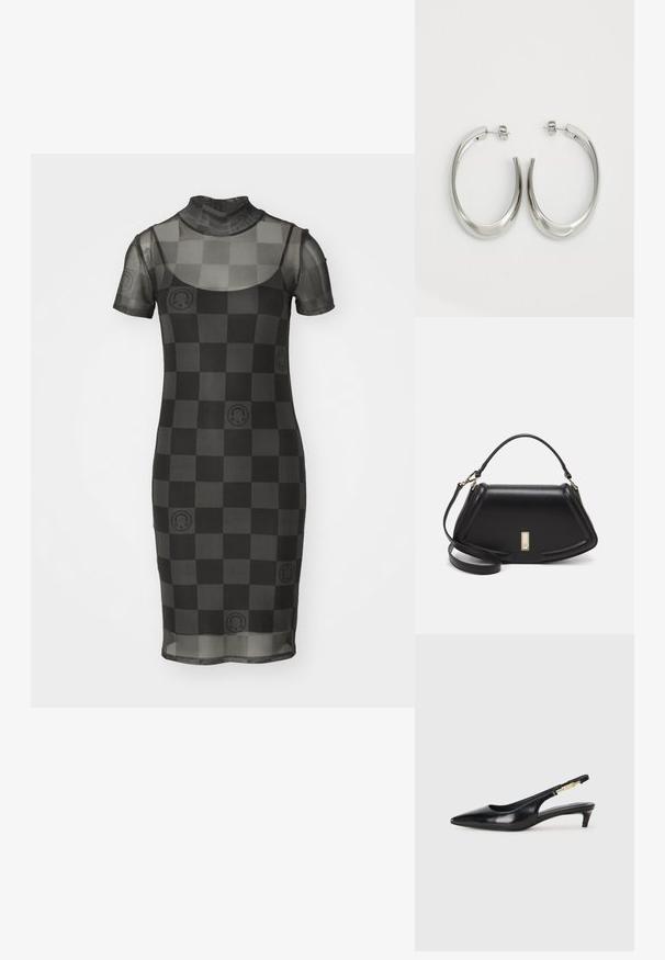 Doorzichtige zwarte netjurk met korte mouwen, hoge halslijn en een geblokt patroon met cirkelvormige accentontwerpen. Strak aansluitende silhouette.; Zwarte leren slingback hakken met een spitse neus, voorzien van een slanke hak en een goudkleurige accent op de verstelbare band. Gladde textuur.; Zwarte leren handtas met een gestructureerd ontwerp, featuring een verkorte vorm, bovenhandvat en gouden hardwareaccent. Inclusief verstelbare schouderband.; Zilveren oorringen met een gladde, gebogen vorm. Voorzien van een glanzende metallic afwerking en studsluiting. Geen zichtbare patronen of accenten.