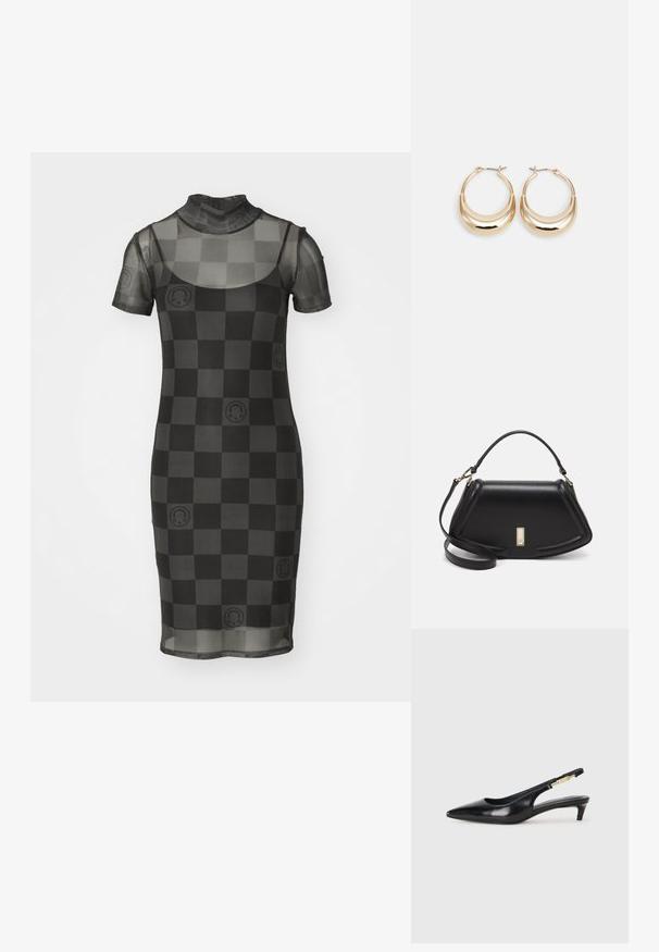 Robe en maille noire transparente avec des manches courtes, un col montant et un motif à damiers présentant des motifs circulaires en accent. Silhouette ajustée.; Talons hauts en cuir noir avec un bout pointu, dotés d'un talon fin et d'un accent en ton or sur la lanière réglable. Texture lisse.; Sac à main en cuir noir avec un design structuré, featuring une forme cropped, une poignée supérieure et des accents en matériel doré. Bandoulière réglable incluse.; Boucles d'oreilles créoles dorées en forme de croissant, avec une surface polie et un fermoir à charnière. La texture lisse et la finition réfléchissante améliorent la visibilité.