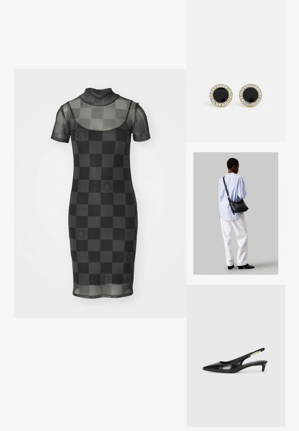 Gennemsigtig sort mesh kjole med korte ærmer, høj halsudskæring og ternet mønster med cirkulære accentdesigns. Tætsiddende silhuet.; Sorte læder slingback hæle med spids tå, der har en slank hæl og en guldfarvet detalje på den justerbare rem. Glat tekstur.; Sort læder skuldertaske med en blød tekstur, trekantet form og justerbar strop, kombineret med en lyseblå stribet skjorte og hvide bukser.; DKNY INLAY STUD - Øreringe - black/gold-coloured