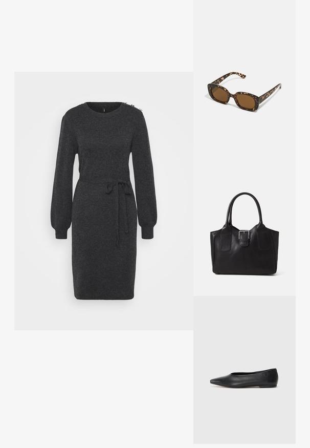 Vestido de malha cinza-escuro com mangas longas e volumosas, decote redondo e cinto laçado na cintura. Apresenta detalhes decorativos nos ombros.; Bailarina de couro preto, bico fino, design minimalista, textura suave, salto baixo, sem hardware ou embelezamentos visíveis.; Óculos de sol tartaruga com uma armação redonda e robusta e lentes castanhas. Apresenta padrões subtis e hastes direitas e afinadas.; Bolsa tote de couro preta com textura suave, forma estruturada, duas alças e um destaque prateado proeminente na parte da frente.