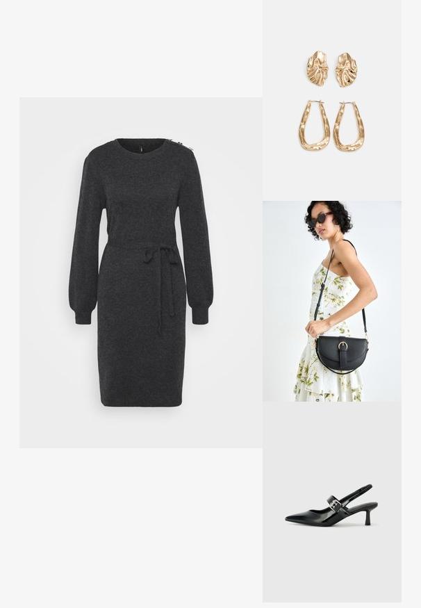 Tamsiai pilkas megztas suknelė su ilgomis, pūstomis rankovėmis, apvaliu kaklu ir surištu juosmens akcentu. Atrodo dekoratyvus apdirbimas ant peties.; Juodai lakuoti slingback aukštakulniai su smailiu kojų pirštu ir mažais blokiniais kulniukais, su sidabro sagtimi ant dirželio.; Juodas odinis krepšys su išlenkta forma, nuimamu dirželiu ir auksiniais detalėmis. Krepšys turi kilpą su sagtimi.; Auksinės auskarai, turintys tekstūruotus, bangų formos elementus. Įeina skulptūriniai segami auskarai ir atviri lankai su išmuštu paviršiumi.