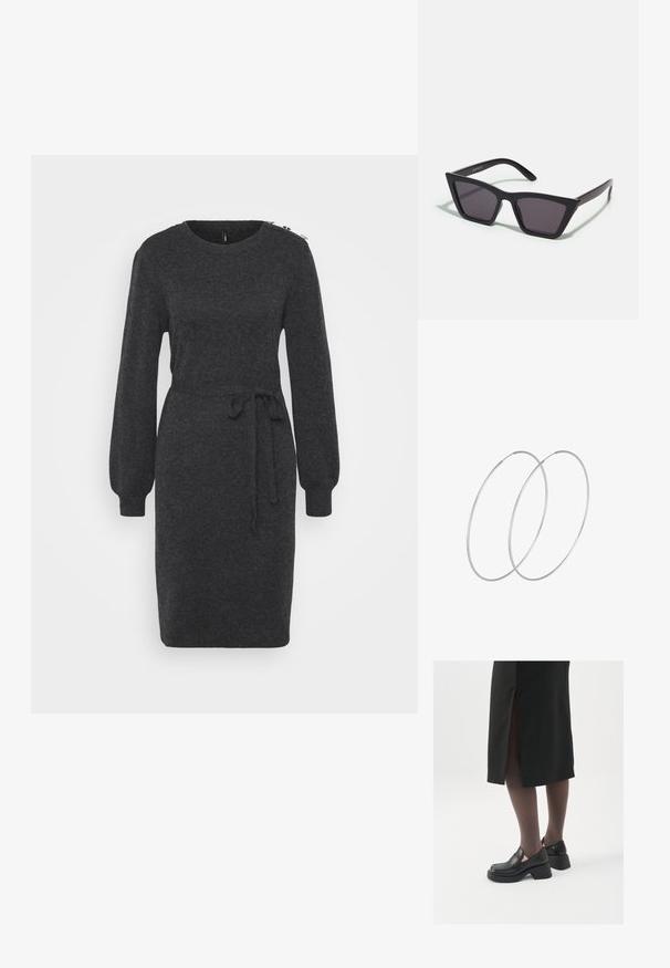 Tumehall pikkide puhviga varrukatega kudum dresses, ümmarguse kaelusega ja sidumisega vöö aksendiga. Omab dekoratiivset riistaõmblust õlal.; Mustad mustad jalatsid ümmarguse varbaga, paksu plokkniidi ja elastsete külgdetailidega, kombineeritud tumedate sukkade ja musta lõhikuga seelikuga.; Mustad mustrakellad, millel on hallid šabloonid; valmistatud plastist, paksude ja siledate kätega, ilma nähtava riistvarata.; Hõbedased rõngastikkaehingad minimalistlikus disainis. Ümar kuju, sile tekstuur ja õhuke profiil. Kerged ning poleeritud viimistlusega.