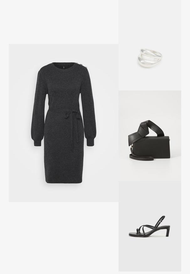 Abito a maglia grigio scuro con maniche lunghe e puff, scollatura rotonda e vita accentuata da un nastro. Presenta dettagli decorativi sulla spalla.; Sandalo nero con cinturini, dalla punta squadrata e tacco basso a blocco. Presenta diversi cinturini sottili e una cinturini regolabile alla caviglia. Realizzato in pelle liscia.; Borsa in pelle nera di forma rettangolare, con un manico annodato unico e una tracolla removibile. Texture liscia e cuciture minime.; Anello doppio in argento con superficie liscia e lucida. Presenta un design fluido e curvo con sezioni sovrapposte per un aspetto moderno.