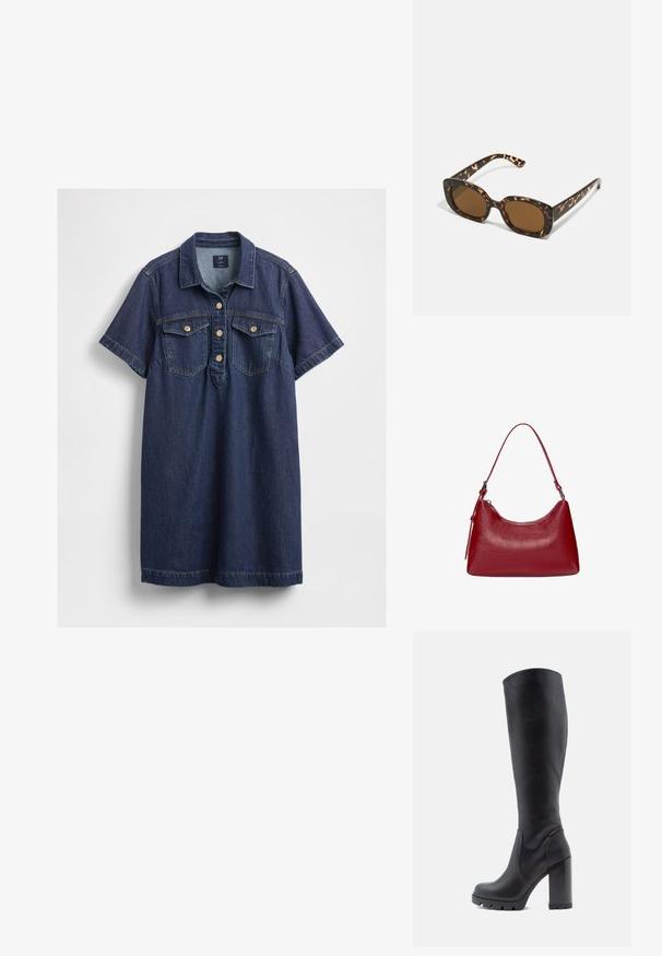 Jeanskleid in Dunkelblau, mit Kragen, kurzen Ärmeln, einer Fünf-Knopf-Leiste und zwei Brusttaschen mit goldenen Knöpfen.; Schwarze kniehohe Stiefel aus glattem Leder, mit einem stabilen Absatz, abgerundeter Zehenpartie, strukturiertem Sohlenmaterial mit Grip, elegantes Design ohne Verzierungen.; Schildpatt-Sonnenbrille mit einem runden, klobigen Rahmen und braunen Gläsern. Verfügt über dezente Muster und gerade, zulaufende Bügel.; Rote Leder-Schultertasche mit einem geschwungenen Design, glatter Textur und einem Reißverschluss. Sie verfügt über einen dünnen Henkel zum Tragen.; Goldfarbene Creolen Ohrringe mit einem äußeren Rand aus tortoiseshell-musterendem Harz, die eine glatte Oberfläche und eine schlanke, runde Form aufweisen.