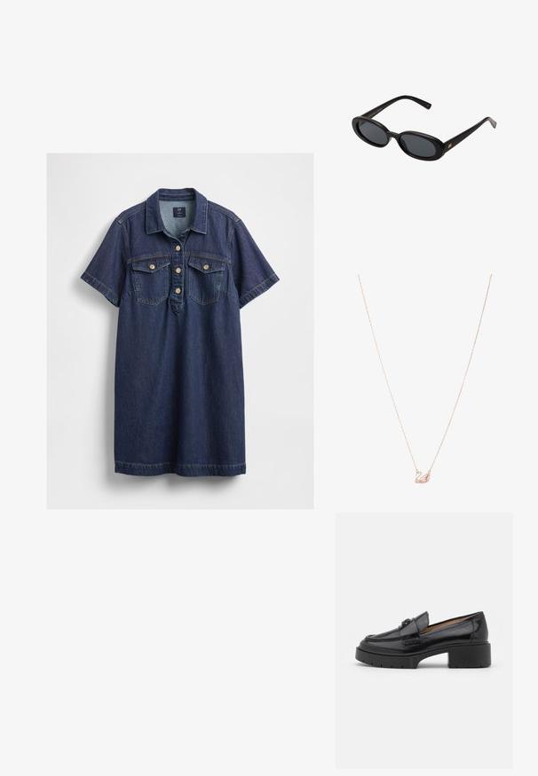 Denimová šaty v tmavomodrej farbe, so golierom, krátkymi rukávmi, päťgombíkovou légiou a dvoma náprsními vreckami so zlatými gombíkmi.; Čierne kožené loafre s nízkym blokovým opätkom, zaoblenou špičkou, dekoratívnym remienkom a textúrovaným štepovaním na vrchnáku. Hladký povrch.; Čierne oversized slnečné okuliare s oválnymi šošovkami, hladkým plastovým rámom a zlatými akcentmi na straniciach. Tmavé šošovky poskytujú ochranu pred slnkom.; Náhrdelník z ružového zlata s pendantom labute, zdobený čírymi kryštálmi. Reťaz je vybavená jemným dizajnom článkov.