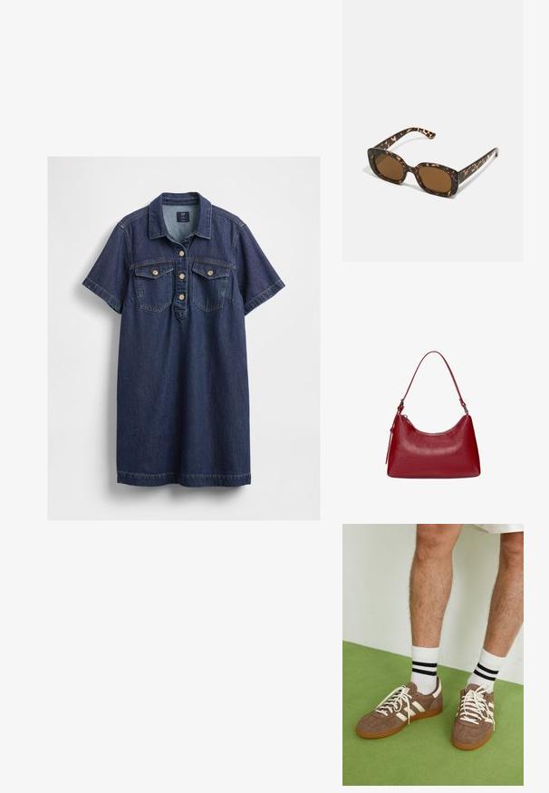 Sukienka dżinsowa w ciemnoniebieskim kolorze, z kołnierzykiem, krótkimi rękawami, pięcioma guzikami oraz dwiema kieszeniami na piersiach z złotymi guzikami.; Brązowe zamszowe sneakersy z białymi akcentami i sznurówkami. Gumowa, brązowa podeszwa. Noszone z białymi skarpetkami w czarne paski. Zielona teksturowana podłoga.; Okulary przeciwsłoneczne w kratkę z zaokrągloną, grubą oprawą i brązowymi soczewkami. Posiadają subtelne wzory oraz proste, zwężane zauszniki.; Czerwona skórzana torebka na ramię o zakrzywionym kształcie, gładkiej fakturze i zamek błyskawiczny. Posiada cienką rączkę do noszenia.