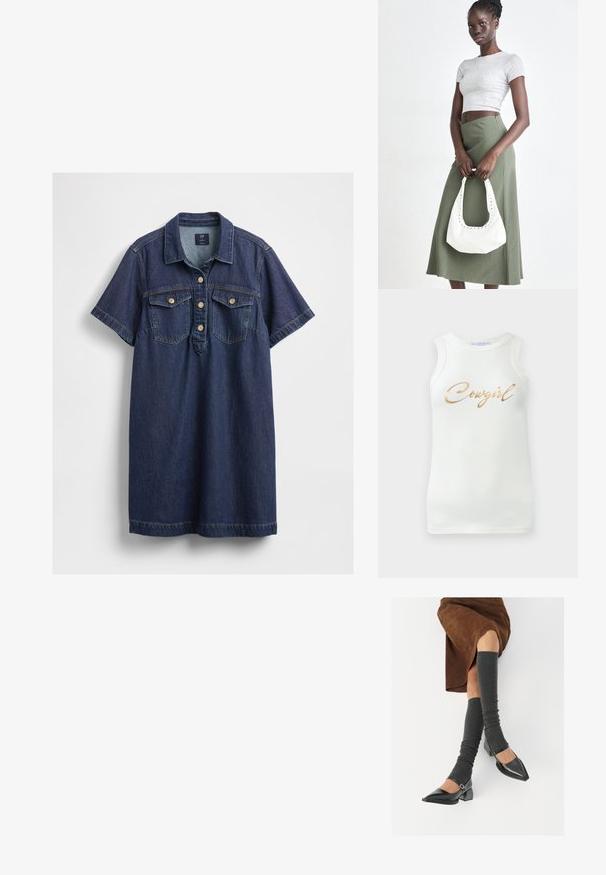 Tumedast sinisest denimkleidist, millel on krae, lühikesed varrukad, viie nupuga tähistus ja kaks rinna taskut kuldsete nuppudega.; Valge ilma varrukateta ribane tank top, millel on kuldne metalliline kiri "Cowgirl" rinna peal, esitletud ühetoonilisel taustal.; Mustad patsaline odav värviga kingad, millel on kreen ja pahkluuring, on paaritatud hallide ribakudumitega sääremiidega ja pruunist nahast seelikuga.; Hallid hall pitsakene ja oliiviroheline kõrge vöökohtadega seelik. Mudel hoiab käes valget õlakotit, millel on lõikega detailid. Lihtne disain, vormiline siluett.