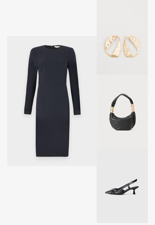 Jūros laivyno ilgos rankovės suknelė su apvaliu iškirpimu, prigludusiu siluetu ir paslėptu užtrauktuku gale. Lygi medžiaga su minimaliais dekoratyviniais elementais.; Juodas odinis slingback tipo batai su smailiu priekiniu atvartu, dekoratyvinėmis sagtimis su metaliniais akyčiais ir žemu blokiniu kulnu. Saldus paviršius.; Juodas odinis rankinukas apvalios formos, minkštos tekstūros su susietu rankena ir auksinės spalvos detalėmis. Užtrauktuko uždarymas.; Nedidelis nereguliarus ovalo formos aukso tono metalinių auskarų pora su tekstūruota, šiek tiek kalta paviršiumi ant balto fono.