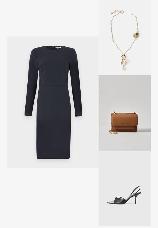 Mornarska bluza z dolgimi rokavi in zaobljenim ovratnikom, prilegajoča silhueta in skrit zadrga na hrbtni strani. Gladek material z minimalnimi detajli.; Črni usnjeni slingback petni čevlji z ostrim nosom, tankim zapestnim trakom in stiletto peto. Imajo zanko na površini.; Rjava teksturirana usnjena torba čez ramo z zlatim verižnim trakom in zapiranjem na pokrov. Spredaj je vidna podrobnost logotipa in žep pod pokrovom.; Zlatotona ogrlica s uvrnutim karikama, bijelim biserima i zelenim kamenim akcentom. Sadrži složene detalje i kopču za zatvaranje.