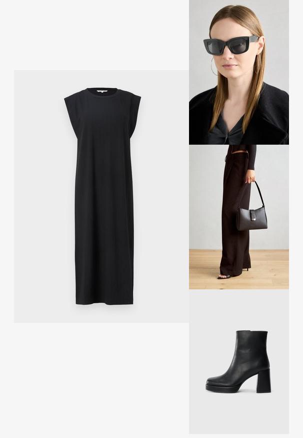 Must musta ilma varrukatega kleit, mis on valmistatud tekstureeritud kangast. Sellel on sirge siluett ja laiad õlavarre detailid ning see ulatub keskmise sääreni.; Must musta ankle boot, milleplokk-konts ja platvormi tallaga, vaadatud küljelt ühetoonilise valge tausta peal.; Must musta prillid tumedate läätsedega, paksude raamidega ja tagasihoidlike aktsentidega. Kantud musta jope ja halli särkiga, pikki sirgeid juukseid kandes.; Must musta kott, millel on struktureeritud kuju, sile tekstuur ja metallist klamber. Kombineeritud laiate mustade pükstega ja avatud varvaste sandaalidega puidust põrandal.