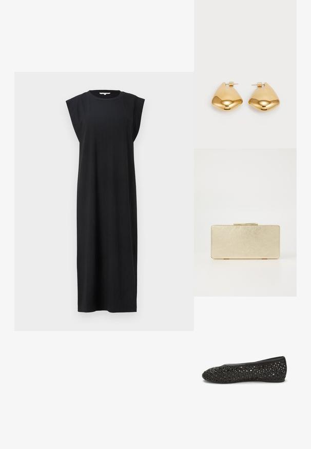 Czarna sukienka bez rękawów uszyta z teksturowanej tkaniny, o prostym kroju i szerokich detalach na ramionach, sięgająca do połowy łydki.; Czarny płaski but z teksturowanym, plecionym wierzchem i gładkim skórzanym wykończeniem. Zaokrąglony czubek i niskoprofilowa podeszwa zapewniają komfort i elastyczność.; Złota torebka kopertówka o gładkim metalicznym wykończeniu, prostokątnym kształcie i prostym zapięciu na zamek. Brak widocznych wzorów lub dekoracji.; Złote metalowe kolczyki w gładkim, zaokrąglonym trójkątnym kształcie i projekcie z zapięciem na sztyft; odbijająca powierzchnia z minimalnymi detalami.