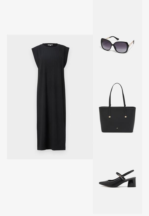 Must musta ilma varrukatega kleit, mis on valmistatud tekstureeritud kangast. Sellel on sirge siluett ja laiad õlavarre detailid ning see ulatub keskmise sääreni.; Mustad läikivad nahast slingback-kõrged kontsad, millel on terav nina, ümar lõikekujundus ja blokknina. Omab kuldset nupu aktsenti.; Mustad ümarad päikeseglaasid, millel on gradient objektiivid, paksud raamid ja kuldse tooni kettaga kaunistused tempelitel.; Must musträkk, mis on valmistatud sünteetilisest materjalist, lihtsa ristkülikukujulise disainiga, kuldsete ruudukujuliste rõhutustega ja kahe käepidemega.