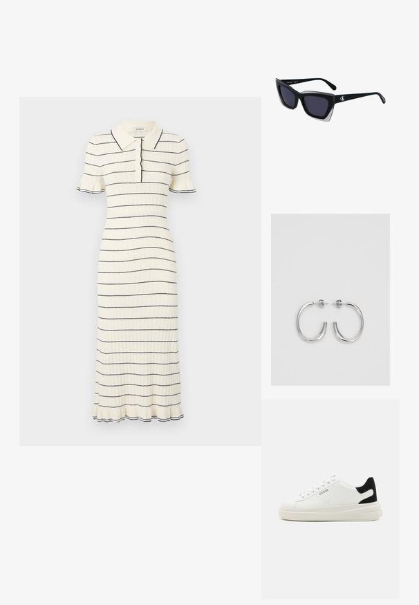 sandro ROBE MIDI COL POLO FINITIONS FRILL - Rochie de zi - ecru; Adidași din piele albă cu o talpă groasă albă, accent de călcâi din suede negru și logo embosat pe lateral. Design cu șireturi și șase orificii.; Ochelari de soare supradimensionați, negri, cu o formă geometrică, având lentile întunecate și un detaliu gri contrastant pe ramă. Logo pe braț.; Cercei rotunzi din argint cu un finisaj neted și strălucitor. Design ușor, având o formă rotundă și închidere cu tijă.