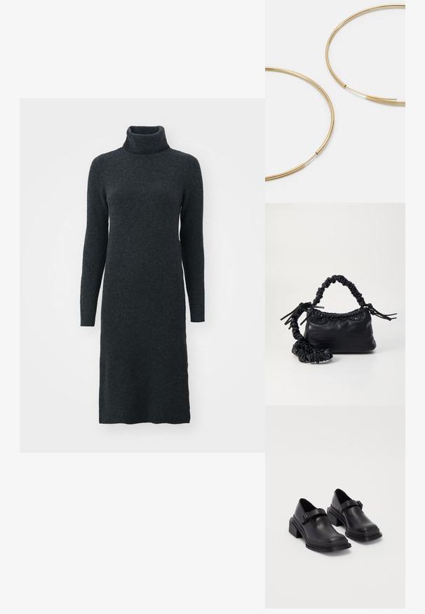 Tamsiai pilka polo megztinis suknelė iš minkštos mezgimo medžiagos, pasižyminti ilgomis rankovėmis ir aptemptu siluetu, kuris krenta iki vidurio blauzdų.; Juodos odinės bateliai su apvaliu priekiu, plokščiu padu ir dirželiu su sagtimi. Didelis blokinis kulnas, užtikrinantis papildomą stabilumą.; Juodas dirbtinės odos rankinė su krokodilo tekstūra, sušnibždinta viršuje ir susikraipytu dirželiu. Atrodo minkšta ir kompaktiška.; Aukso spalvos žiedo auskarai, ploni ir apvalūs, su lygiu metaliniu paviršiumi be papuošimų ar raštų.