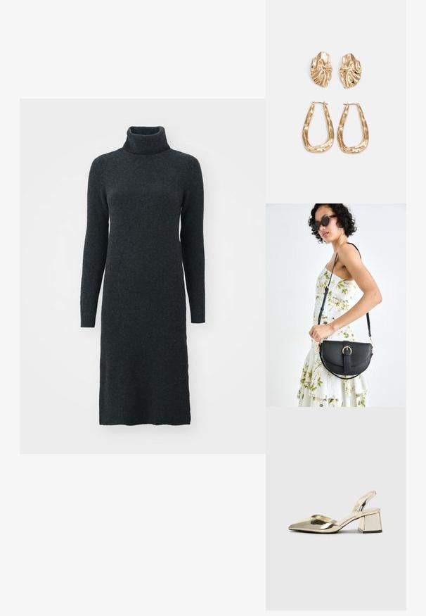 Vestido de suéter cinza escuro de gola alta em um material de malha suave, com mangas longas e um silhueta ajustada que chega até a metade da panturrilha.; Sapatos de salto alto metálicos dourados, com biqueira em ponta e salto grosso. Textura suave, design minimalista e uma tira estreita.; Bolsa de couro preta com forma curva, alça destacável e detalhes em dourado. A bolsa possui uma aba com detalhe de fivela.; Brincos em tom de ouro com formas onduladas e texturizadas. Inclui studs escultóricos com presilha e um design de argola aberta com um acabamento martelado.