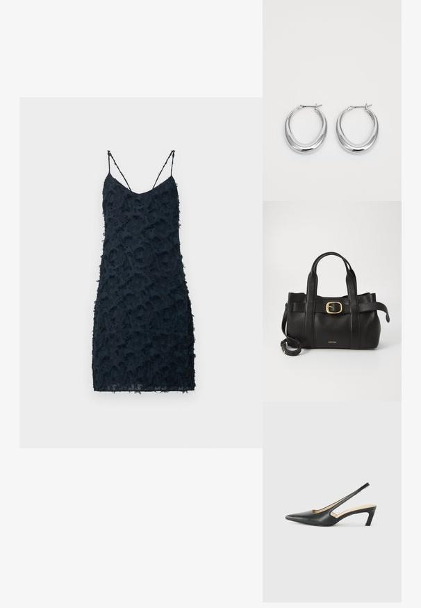 Jūras spēku kleita ar plāniem spageti siksniņām, ar teksturētu virsmu un vairākiem slāņiem ziedu ap malām, pieguļošs griezums un ceļgalu garums.; Melna, ar smailu purngalu, slingback kurpe ar zemu papēdi, izgatavota no gludas ādas materiāla un ar izgriezumiem sānos gaisa caurlaidībai.; Melnas ādas rokassoma ar strukturētu dizainu, divām augšējām rokturām, zelta toņa sprādzes akcentu un iegravētu zīmola logo priekšpusē.; Pulētas sudraba pusmēness formas auskaru pāris ar eņģu sprādzēm uz balta fona.