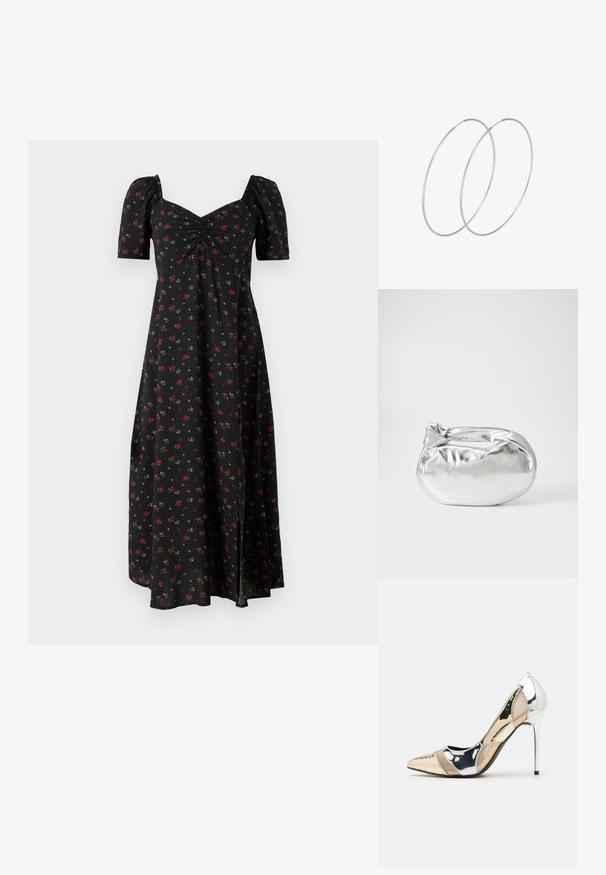 GAP PUFF SWEETHEART - Dnevna haljina - black; Cipele s visokom potpeticom i špicastim vrhom u srebrnoj, zlatnoj i nude boji. Sjajan finiš s izrezbarenim dizajnom, s potpeticom u obliku stiletto.; Srebrna metalik torbica s mekim, zaobljenim oblikom i čvorastim zatvaranjem na vrhu. Izrađena od glatke sintetičke kože.; Srebrne okrugle naušnice s minimalističkim dizajnom. Kružni oblik, glatka tekstura i tanak profil. Lagane s poliranim završetkom.