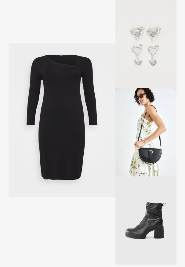 Black ribbed long-sleeve dress with a unique asymmetrical scoop neckline and fitted silhouette, featuring a smooth texture and below-knee length.; Black ankle boots made of smooth leather, featuring a side zipper, chunky textured heel, and rounded toe design.; Black leather handbag with a curved shape, detachable strap, and gold hardware. The bag features a flap with a buckle detail.; Silver heart-shaped earrings feature faceted clear stones, with a textured frame. The set includes stud and drop styles.