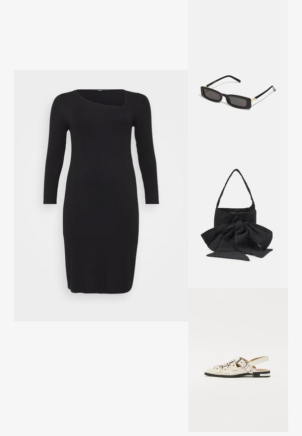 Must mustriba pikkade varrukatega kleit, millel on ainulaadne asümmeetriline sügava kaelusega disain ja keha ligiulatuv siluett, uhkeldades siledat tekstuuri ja põlvest allapoole ulatuvat pikkust.; Valged nahast slingback-sandaalid, millel on mitmeid laiad rihmad ja hõbedased pandlad; tasane tald väikese musta kanna ja metalliliste detailidega.; Mustad ristkülikukujulised prillid tumedate läätsedega, läikivad plastraamid ja kuldsed aktsendid templites. Minimalistlik disain ja voolujooneline kuju.; Must mustrunn taaskotist must mustsuudmuus, ümmargune kuju, tekstureeritud pind väikeste mustritega ja üks õhuke käepide.