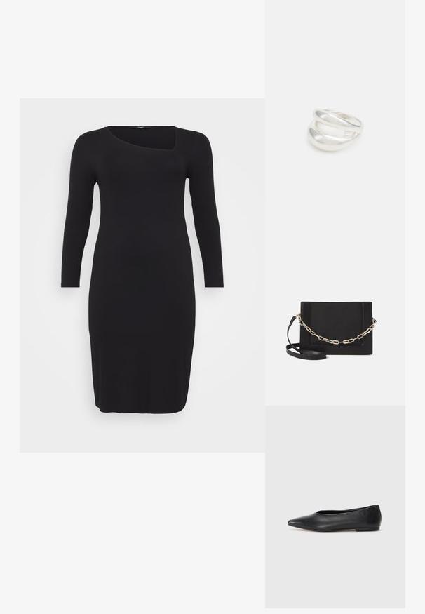Crna rebrasta haljina dugih rukava s jedinstvenim asimetričnim izrezom i uskim krojem, koja se odlikuje glatkom teksturom i dužinom ispod koljena.; Crne kožne balerinke, uski vrh, minimalistički dizajn, glatka tekstura, niska peta, bez vidljivih dodataka ili ukrasa.; Crna kožna torba preko tijela s glatkom teksturom, pravokutnim oblikom i metalnim lancem na prednjoj strani. Uključena je podesiva naramenica.; Srebrna dvostruka prsten s glatkom, poliranom površinom. Karakterizira ga fluidan, zakrivljen dizajn s preklapajućim sekcijama za moderan izgled.