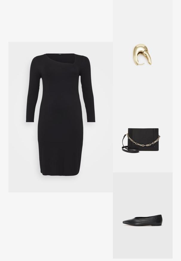 Must mustriba pikkade varrukatega kleit, millel on ainulaadne asümmeetriline sügava kaelusega disain ja keha ligiulatuv siluett, uhkeldades siledat tekstuuri ja põlvest allapoole ulatuvat pikkust.; Musthave mustris balletkingad, terav nina, minimaliseeritud disain, sile pind, madal konts, ilma nähtava riistvara või kaunistusteta.; Mustast nahast õlakott, mis omab siledat tekstuuri, ristküliku kuju ning esiküljel metallketi detaili. Reguleeritav rihm on kaasas.; Kuldtooni metallist kõrvarõngas, millel on elegantne ja kaarjas disain. Omab silmapaistvat teravat kuju, poleeritud pinda ja hingesulgemist.