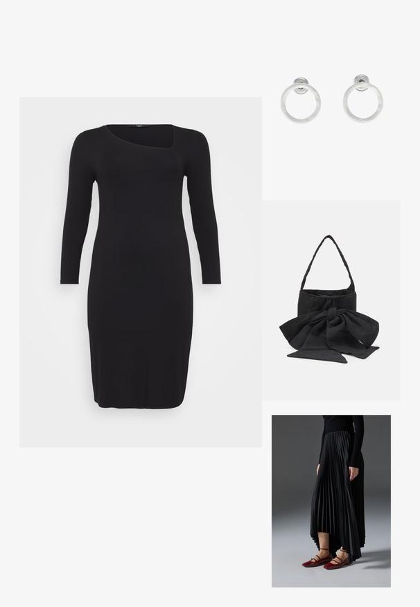 Čierne rebrové šaty s dlhým rukávom, jedinečnými asymetrickými výstrihom v tvare lode a priliehavým strihom, s hladkou textúrou a dĺžkou pod kolená.; Čierna plisovaná sukňa s vysokým a nízkym lemom, skombinovaná s lesklými červenými balerínami s dizajnom remienkov. Tkanina má hladkú textúru.; Čierna textilná kabelka s viazanou mašľou, zaobleným tvarom, textúrovaným povrchom s drobnými vzormi a jedným tenkým uchom.; Strieborné kovové náušnice vo forme kruhov s brúsenou textúrou, so zaobleným dizajnom a priehľadným zarážkou pre bezpečné nosenie.