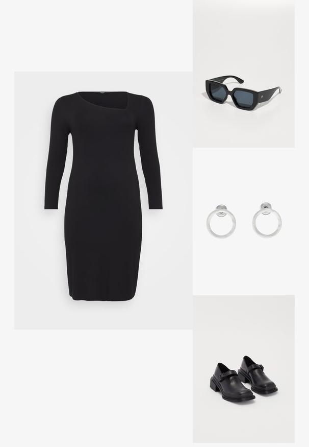 Melna ribota kleita garām piedurknēm ar unikālu asimetrisku izgriezumu un pieguļošu siluetu, kas izceļas ar gludu tekstūru un garumu līdz zem ceļgaliem.; Melnas ādas kurpes ar noapaļotu purngalu, plakanu zoli un siksniņu ar sprādzi. Masīvs bloku papēdis papildu stabilitātei.; Melnas lielas saulesbrilles ar ģeometrisku dizainu, taisnstūrveida lēcas un spīdīgu apdari. Uz priekša nav redzama zīmola.; Sudraba metāla gredzenveida auskari ar matētu faktūru, ar apaļu dizainu un caurspīdīgu aizdari, lai nodrošinātu drošu valkāšanu.