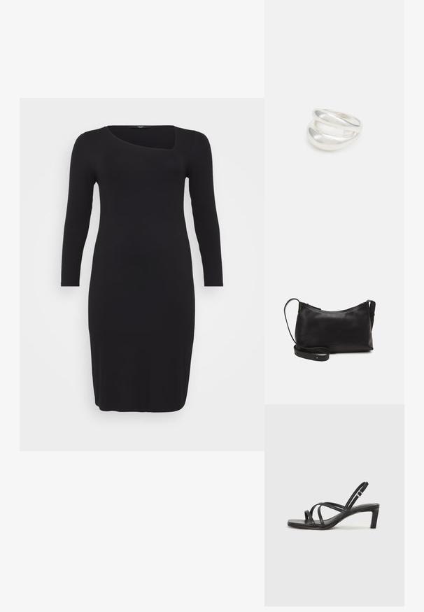 Juoda raukšlėta ilgomis rankovėmis su unikaliu asimetriniu apvaliu dekolte ir prigludusia siūluke, pasižyminti lygiu paviršiumi ir žemiau kelių ilgiu.; Juodi šlepetės su kvadratiniu pirštu ir žemu bloku kulnu. Yra keli ploni dirželiai ir reguliuojamas kulkšnies diržas. Pagaminti iš lygios odos.; Juodas odinis petinis krepšys su lygiu paviršiumi, išlenkta forma, reguliuojama dirželiu ir užtrauktuku. Minimalistinis dizainas be puošmenų.; Sidabrinis dvigubas žiedas su lygiu, poliruotu paviršiumi. Pasižymi sklandžiu, kreiptu dizainu su persipinančiomis dalimis, suteikiančiomis modernų išvaizdą.