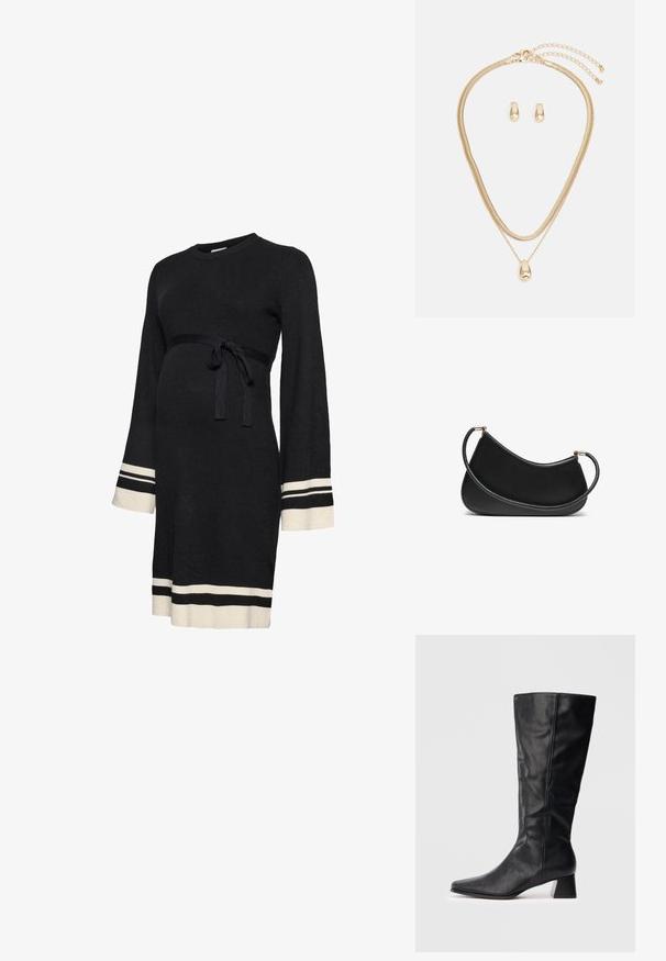 Svart ribbestrikket graviditetskjole med lange ermer, innsvingt midjebånd og hvite aksentstriper på mansjetter og fald. Myk tekstur.; Svart lærstøvel til midt på leggen med spiss tå og blokkhels på enkel lys bakgrunn.; Svart lær skulderveske med en buet design, med en teksturert stropp og gullfarget hardware på toppen av lukningen. Glatt finish.; Gullfarget smykkssett med et lagdelt halskjede med en tåreformet anheng og matchende stikkere, alt i en polert finish.