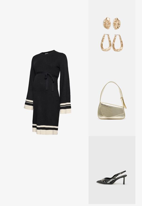 Rochie de maternitate neagră, din material striat, cu mâneci lungi, talie evidențiată prin cordon și dungi albe accentuate la manșete și tiv. Textură moale.; Pantofii slingback din piele lăcuită neagră, cu vârf ascuțit, bretele pentru gleznă cu catarame și accesorii din argint, și un toc subțire.; Geantă de umăr metalică aurie cu un design structurat, textură netedă și curea reglabilă. Prezintă o formă triangulară unică și cusături minimaliste.; Cercei aurii cu forme texturate și ondulate. Include studs sculpturale cu clip și un design de cerc deschis cu un finisaj cioplit.