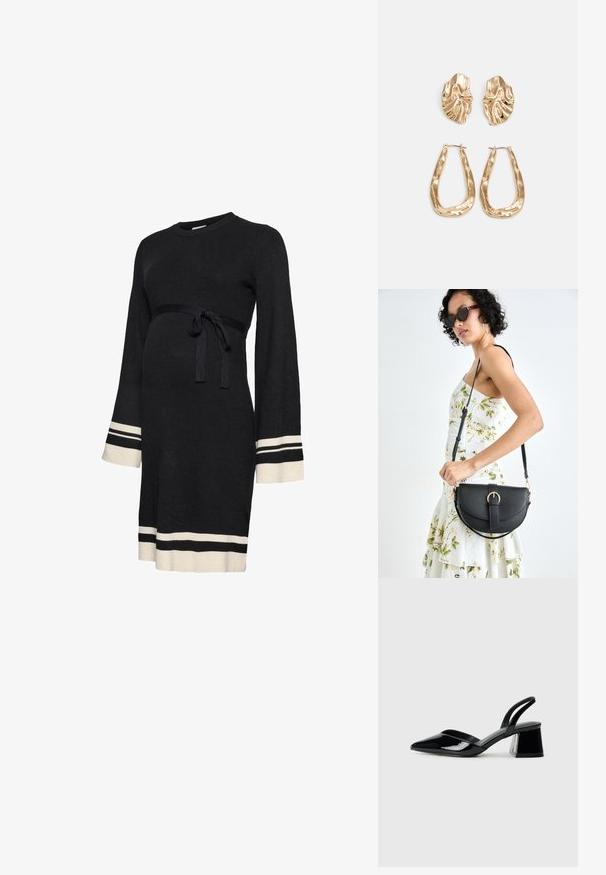 Melnā ribota grūtnieču kleita ar garām piedurknēm, piegulošu jostu viduklī un baltām akcenta svītrām aprocēs un apakšmalā. Mīksta tekstūra.; Melna lakota āda ar atvērto papēdi, ar smailu purngalu un ģeometrisku blokpapēdi. Iezīmējas elegants, minimāls dizains un gluda tekstūra.; Melnas ādas rokassoma ar izliekta formu, noņemamu siksnu un zelta aksesuāriem. Somai ir vāciņš ar sprādzes detaļu.; Zelta krāsas auskari ar teksturētām, viļņotām formām. Iekļauts skulpturāls piespraužams modelis un atvērta gredzenveida konstrukcija ar izsistām virsmām.