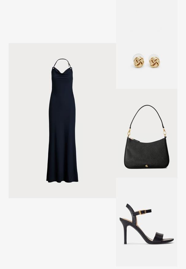 Jūras zilas, bez piedurknēm kleita ar drapētu kakla izgriezumu, kura piedurknēm ir dekoratīvas detaļas un plāna, plūstoša silueta.; Melni augstpapēžu sandales ar gludu ādas augšdaļu, atvērtu purngalu un vienas siksniņas dizainu ar zelta sprādzi.; Melna ādas rokassoma ar strukturētu dizainu, kas aprīkota ar rāvējslēdzēju, noņemamu siksnu un zelta aparatūras akcentiem.; Zeltītu mezgla auskari ar vērptu dizainu. Katrs auskaru pāris ir aprīkots ar apaļu caurspīdīgu atbalstu drošai nēsāšanai.