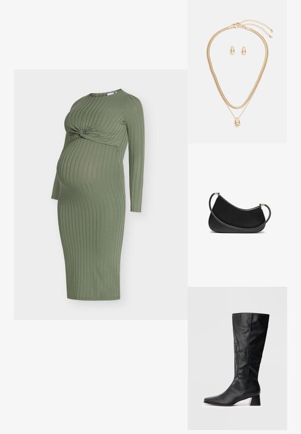 Õlivihreline soonikkoes raseduskleit pikkade varrukatega, esiküljel keeratud sõlme detail ja keha järgiv siluett.; Must sukalapala nahkasaapad terava nina ja ploki kontsaga, kerget heledal taustal.; Must musta õlakott, millel on kumer disain, tekstureeritud rihm ja kuldsetooniline riistvara ülemise sulgemise juures. Sile viimistlus.; Kuldne ehtekomplekt, mis sisaldab kihilist kaelakeed tilgakujulise ripatsiga ja vastavaid nõelkrae kõrvarõngaid, kõik läikivas viimistluses.