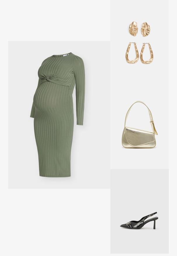 Ελιά πράσινο πλεκτό φόρεμα εγκυμοσύνης με μακριά μανίκια, με μπροστινό στριφτό κόμπο και εφαρμοστή σιλουέτα.; Μαύρο παπούτσι slingback από πατέντο δέρμα με μυτερή μύτη, λουράκια στον αστράγαλο που διαθέτουν ασημένιες αγκράφες και μεταλλικά στοιχεία, και λεπτό τακούνι.; Χρυσή μεταλλική τσάντα χειρός με δομημένο σχέδιο, λεία υφή και ρυθμιζόμενο λουρί. Διαθέτει μοναδικό τριγωνικό σχήμα και μινιμαλιστική ραφή.; Χρυσά σκουλαρίκια με υφή, κυματιστά σχήματα. Περιλαμβάνουν γλυπτικά κλιπ-σε σκουλαρίκια και σχέδιο ανοιχτού σκουλαρικιού με σφυρήλατη επιφάνεια.
