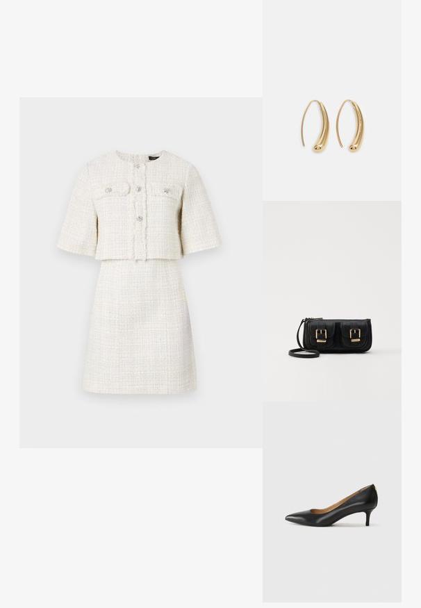 Maje REIMS - Hverdagskjole - ecru; Sorte læderpumper med spids tå, lav hæl og en glat tekstur. Har en let åbning foran og minimal hardware bagpå.; Sort læder crossbody taske med to frontlommer, guldspænder, lynlåslukning og en slank rem. Struktureret overflade og kompakt rektangulær form.; Guldfarvede metal hoops øreringe med en bøjet, forlænget form. Har en glat, skinnende overflade og en afrundet spids for ekstra detalje.