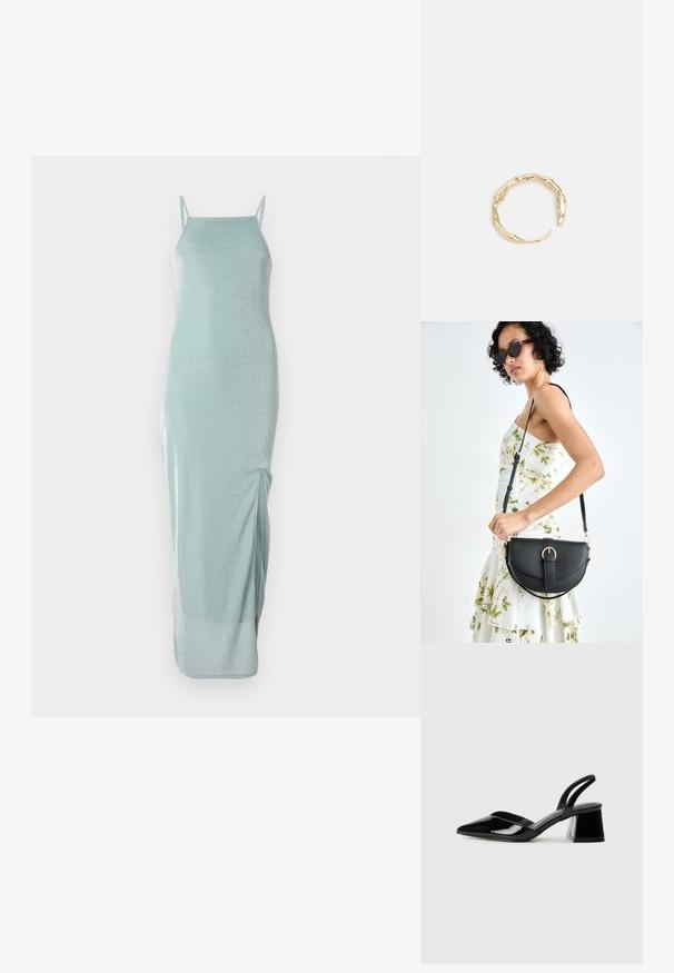 Duga haljina bez rukava u svijetlo mint zelenoj boji sa sjajnom teksturom. Ima tanke naramenice i prorez sa strane za udobnost pri kretanju.; Crne lakirane kožne sandale s otvorenom petom i špicastim vrhom, s geometrijskom blok petom. Imaju elegantan, minimalistički dizajn i glatku teksturu.; Crna kožna torba s lukovitim oblikom, odvojivim remenom i zlatnim detaljima. Torba ima preklop s kopčom.; Prsten u zlatnoj nijansi s organskim, uvijenim dizajnom, glatkom teksturom i suženim krajevima, koji stvara moderan, skulpturalni izgled.