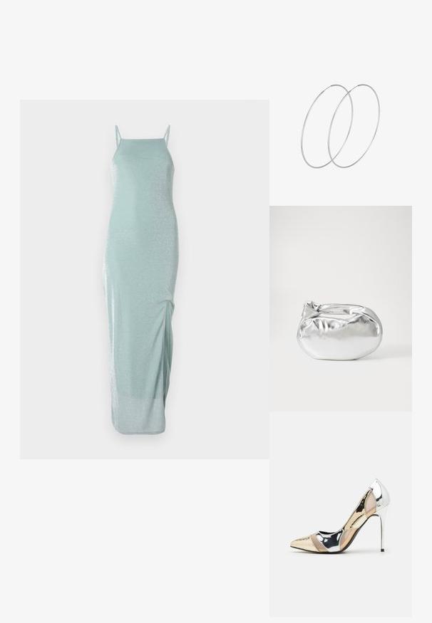 Ilga, be rankovių suknelė šviesiai mėtinės spalvos su blizgiu paviršiumi. Suknelė turi plonas petnešėles ir šoninį plyšį patogiam judėjimui.; Aštrus pirštas aukštakulnis batelis su sidabro, aukso ir nuogų spalvų deriniu. Blizgus paviršius su išpjovos dizainu, su stiletto kulnu.; Sidabrinė metalinė maišelio forma su švelnia, apvalia forma ir mazgu užveriamu viršumi. Pagaminta iš lygios dirbtinės odos medžiagos.; Sidabrinės pusmėnulio auskarai minimalistiniu dizainu. Apskritimo forma, lygus paviršius ir plonas profilis. Lengvi su poliruotu apdailu.