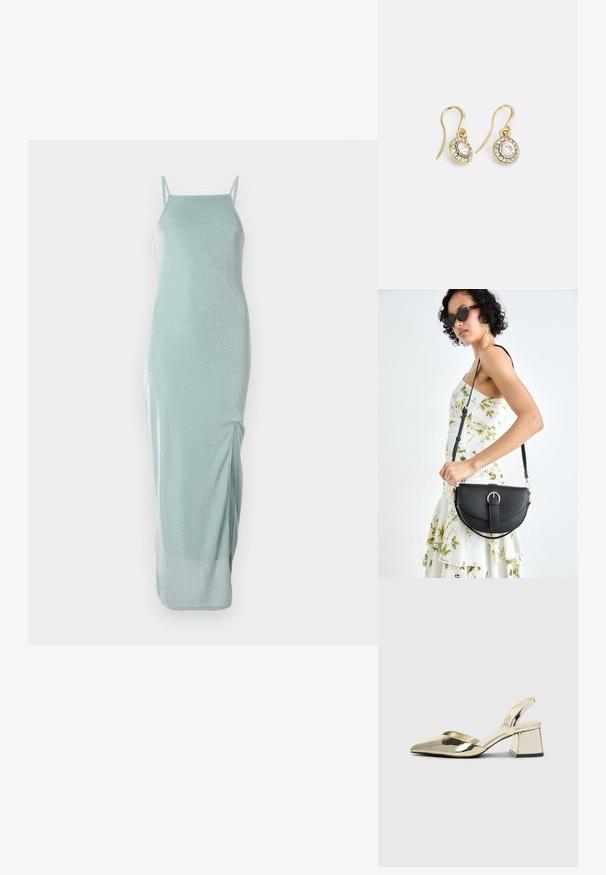 Satinový, svetlo mätový maxi šaty bez rukávov s priliehavým strihom a jemným leskom. Obsahuje bočný rozparok pre pohodlný pohyb.; Zlaté kovové lodičky na podpätku so špicatou špičkou a robustným podpätkom. Hladký povrch, minimalistický dizajn a úzka remienok.; Čierna kožená kabelka s zaobleným tvarom, odnímateľným popruhom a zlatými doplnkami. Kabelka má klopu s detailom s prackou.; Náušnice zlatého odtieňa s oválnymi čírymi kryštáli obklopenými menšími čírými kameňmi, s háčikovým dizajnom pre bezpečné nosenie.