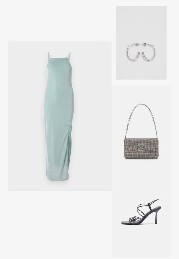 Szatén hatású, világos menta zöld, ujjatlan maxi ruha, testhez álló szabással és diszkrét fényesítéssel. Oldalhasítékkal rendelkezik a szabad mozgás érdekében.; Fekete magas sarkú szandálok vékony pántokkal, csomózott mintával, sima négyzetes orral és karcsú stiletto sarkal rendelkeznek.; Világosszürke fémes kézitáska lánc pánttal, kis kör alakú fém kifinomult díszítéssel és háromszög alakú márkagéppel.; Ezüst karika fülbevalók sima, fényes felülettel. Lekerekített forma, könnyű kialakítással, tűs zárómechanizmussal.