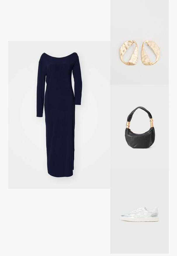 Norma Kamali LONG SLEEVE DROP SHOULDER SIDE SLIT GOWN - Jersey dress - true navy; White sneakers with metallic silver accents, smooth texture, round toe, flat sole, and traditional lace-up design.; Black leather handbag with a round shape, soft texture, and a knotted handle featuring gold-tone hardware accents. Zipper closure.; Pair of irregular oval-shaped gold-toned metal earrings with a textured, slightly hammered surface on a white background.