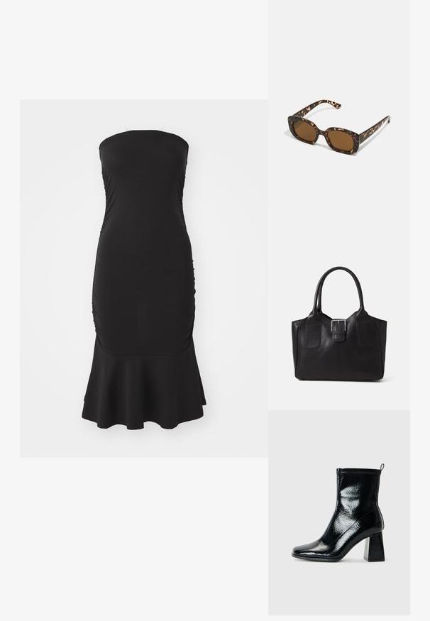 Must tänavusärge must kleit, mis on valmistatud elastsetest kangast, sisaldab külgedel volangide detaili ning jopes on laienev ääreline. Sujuv tekstuur ja väljakujunenud siluett.; Must värvitud ankle-kingad ruudu toe ja jäme geomeetriline konts. Omab siledat, läikivat tekstuuri ja tagumist tõmmet, mis aitab kergesti jalga panna.; Kilpkonnakilbi päikeseprillid ümmarguse, paksu raamiga ja pruunide läätsedega. Omab peeneid mustreid ja sirgeid, kitsenevaid käsi.; Mustgamma nahast kott, millel on sile tekstuur, struktureeritud kuju, kaks käepidet ja esiküljel silmapaistev hõbedane pandla detail.