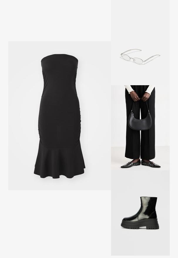 Vestido preto sem alças, feito de um tecido elástico, com franzidos nas laterais e uma bainha rodada. Textura suave com um silhueta ajustada.; Bota de tornozelo preta e brilhante com sola grossa e arredondada, vista lateral sobre fundo cinza claro.; Óculos ovais com uma armação metálica prateada, lentes transparentes e detalhes texturizados em contas nas hastes. Design leve com braços curvos.; Bolsa de ombro de couro preta com forma arredondada, acabamento brilhante e ferragens prateadas. Pessoa vestindo calças largas pretas e mocassins com tachas.