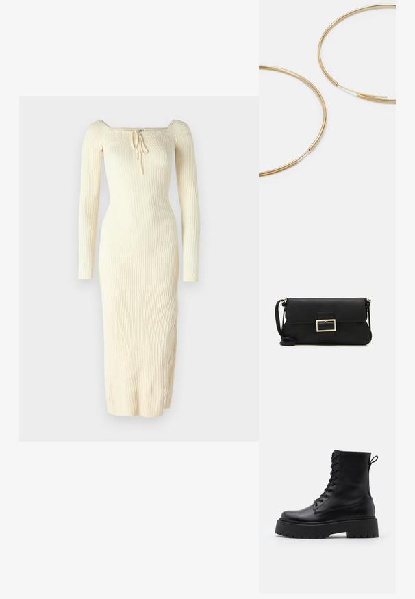 Ribota, ilgomis rankovėmis suknelė kremine spalva, su kvadratine iškirpte ir reguliuojama raištelių detale priekyje. Vientiso silueto dizainas su šoniniu plyšiu.; Juodos odinės aulinukės su apvalia nosimi, raišteliais priekyje ir storesniu guminio pado apačioje su tekstūruotu raštu. Priekyje yra kilputė.; Juodas odinis dėkliukas su atvarteliu ir auksinės metalinės sagties detalėmis. Įeina juodas diržas ir elegantiškas, minimalistinis dizainas.; Aukso spalvos žiedo auskarai, ploni ir apvalūs, su lygiu metaliniu paviršiumi be papuošimų ar raštų.