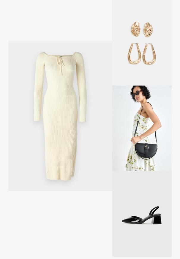 Rochie cu mâneci lungi, cu nervuri, în crem, cu un decolteu pătrat și detaliu cu șnur ajustabil în față. Design slim-fit cu deschidere pe lateral.; Pantofi cu toc slingback din piele lacuită neagră, cu vârf ascuțit și toc geometric. Prezintă un design elegant, minimalist și o textură netedă.; Geantă din piele neagră, cu o formă curbată, curea detașabilă și accesorii aurii. Geanta are un capac cu un detaliu tip cataramă.; Cercei aurii cu forme texturate și ondulate. Include studs sculpturale cu clip și un design de cerc deschis cu un finisaj cioplit.