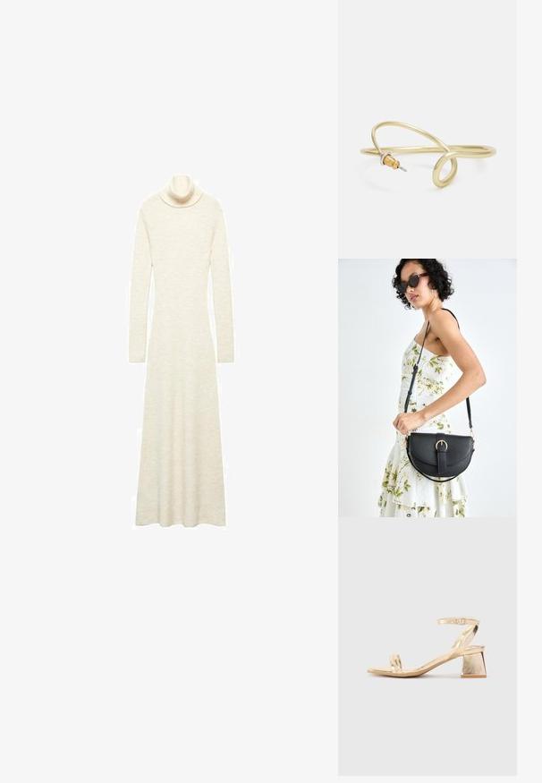 Gehaakt turtleneck jurk in off-white. Lange mouwen, vloerlang ontwerp, met een getailleerde bovenkant en een uitlopende rok. Zachte textuur en eenvoudige silhouet.; Gouden metallic hoge sandaal met een hoekige blokhak, twee banden over de voet en een verstelbare enkelband. Gladde textuur.; Zwarte leren handtas met een gebogen vorm, afneembare schouderband en gouden hardware. De tas heeft een klep met een gespsluiting.; Gouden metalen armband met een vloeiende, kromme vormgeving. Bevat een kleine, opvallende, zilvergekleurde accent aan één uiteinde.