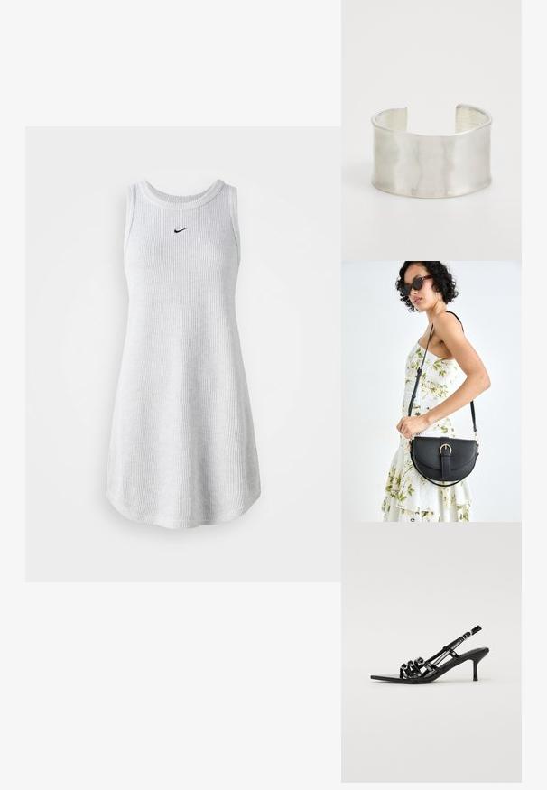 Vestido cinza canelado sem mangas com decote redondo e logótipo preto da Nike no peito. Material suave em mistura de algodão, ajuste descontraído.; Shoe preto de salto alto com atilhos, com bico fino, apresentando várias tiras estreitas e detalhes circulares na parte da frente.; Bolsa de couro preta com forma curva, alça destacável e detalhes em dourado. A bolsa possui uma aba com detalhe de fivela.; Zign Pulseira - silver-coloured