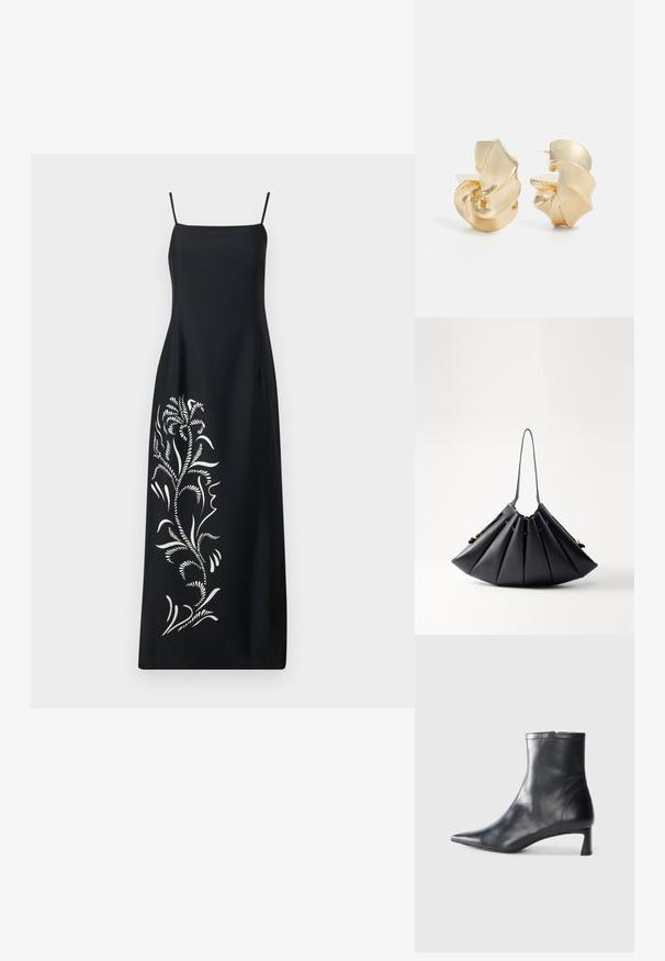 Juoda suknelė su plonomis petnešėlėmis, su baltais gėlių siuvinėjimo raštais vienoje pusėje, lygi medžiaga ir tiesus siluetas.; Juodas odinis kulkšninis batas su smailiu pirštu ir elegantišku dizainu. Turi žemą kulną ir užtrauktuką gale. Lygi tekstūra.; Juodas klostuotas rankinukas, pagamintas iš glotnaus odos, su vienu rankenėle, auksiniais akcentais ir geometrinės struktūros forma.; Tekstūruoti auksinės spalvos metaliniai auskarai su skulptūriniu, spiraliniu dizainu. Ypač sklandžios paviršiai ir šviesą atspindinčios kreivės.