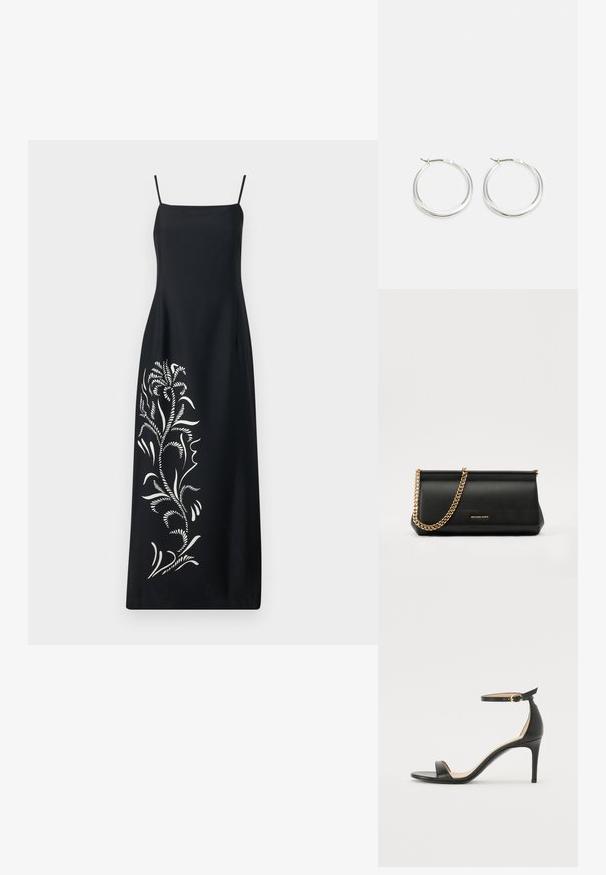 Čierne šaty s tenkými ramienkami, zdobené bielou kvetinovou výšivkou na jednej strane, z hladkej látky, s rovným strihom.; Čierne kožené sandále na vysokom podpätku s popruhom okolo členka. Vlastnosti hladkého povrchu, otvorenej špičky a tenkého podpätku. Detail zlatého spony.; Čierna kožená kabelka s retiazkou zo zlata, so hladkou textúrou, obdĺžnikovým tvarom a embosovaným logom na prednej strane.; Strieborné kruhové náušnice majú hladký, zaoblený dizajn s tenkým profilom a bezpečným zapínaním. Minimalistický štýl s lešteným povrchom.