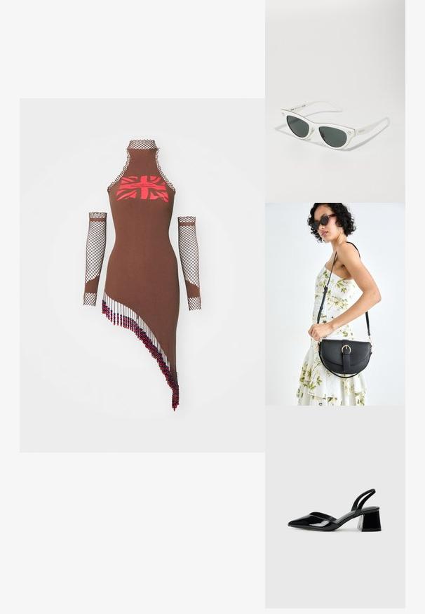 Sinead Gorey UNION JACK PRINTED DRESS WITH BEADED TASSELS AND GLOVES - Vestito di maglina - brown; Décolleté in vernice nera con punta affusolata e tacco in geometria cubica. Presentano un design elegante e minimalista, con una texture liscia.; Occhiali da sole bianchi a forma di occhio di gatto con lenti scure, dettagli in oro sul telaio e logo sul lato. Materiale plastico liscio.; Borsa a tracolla nera in pelle con una forma curva, manico rimovibile e accessori dorati. La borsa presenta una patta con un dettaglio a fibbia.